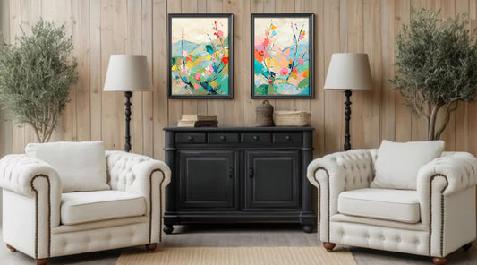 Blooming Brush 1 & 2 abstract impasto oil palette knife prints, framed on a wall in a sitting room