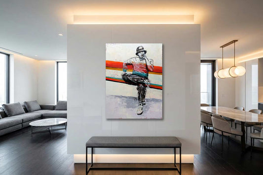 Sure shot painting, 36x48 inches, on lighted wall in modern home.