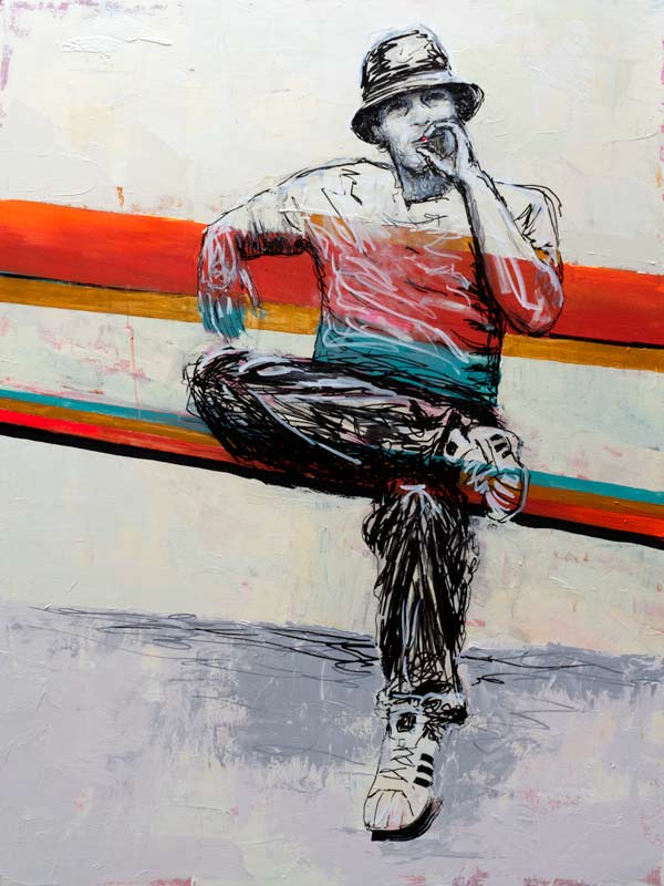 Man in bucket hat and shell-toe sneakers sits cross-legged with a cigarette against orange, red, and turquoise stripes.