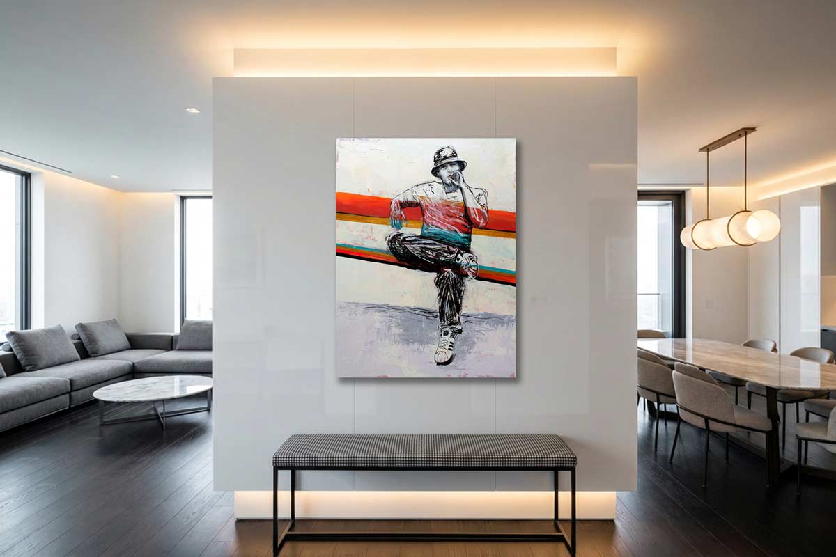 Sure shot painting, 36x48 inches, on lighted wall in modern home.